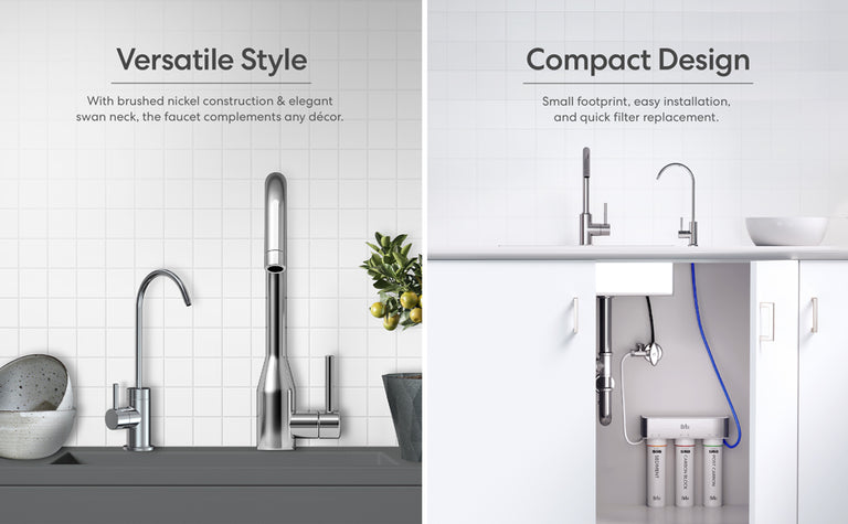 Split image showing a modern kitchen faucet above a sink on the left, and a compact water filtration system installed under the sink on the right. Text highlights the faucet’s versatile style and compact design.